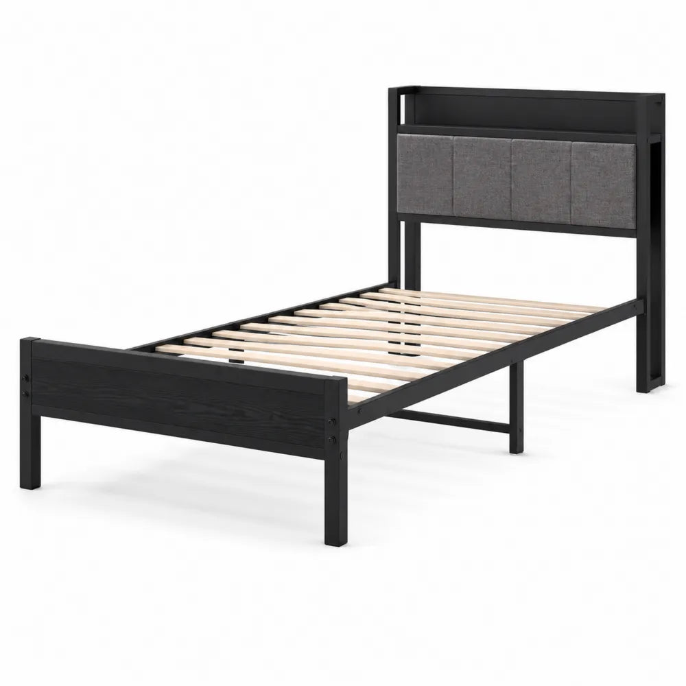 Cadre de lit simple en métal et bois avec tête en tissu