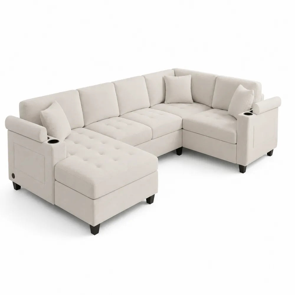 Canapé d'angle en tissu beige avec méridienne