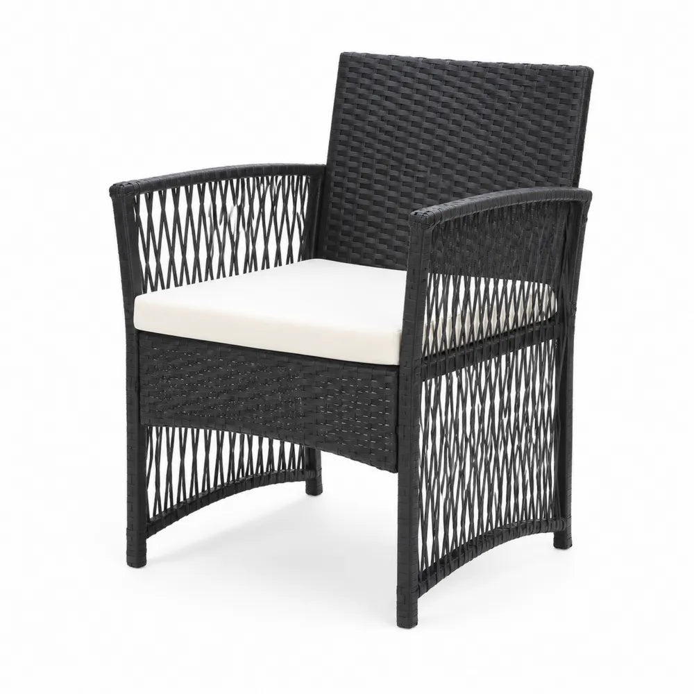 Chaise en résine tressée noire avec coussin en polyester blanc