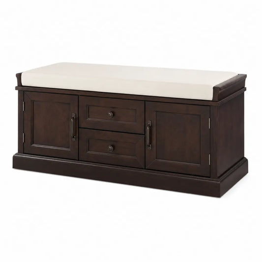 Banc en bois marron avec coussin en tissu blanc