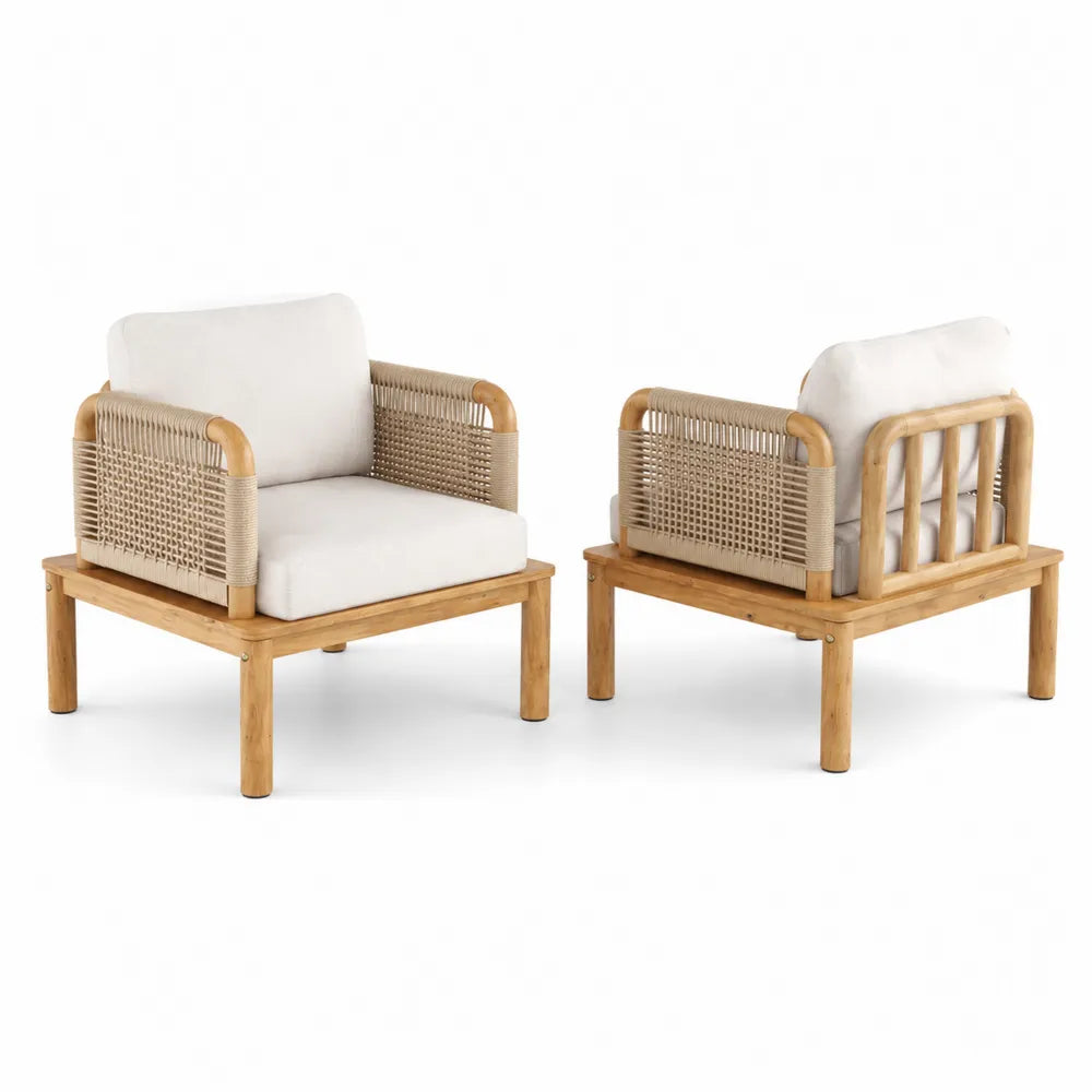 Ensemble de 2 fauteuils en bois et corde tissée avec coussins en polyester
