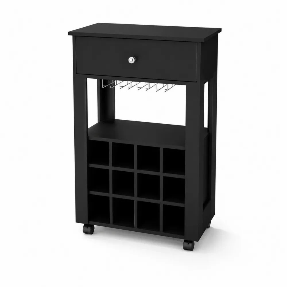 Chariot de Bar Noir en Bois avec Rangements et Roulettes