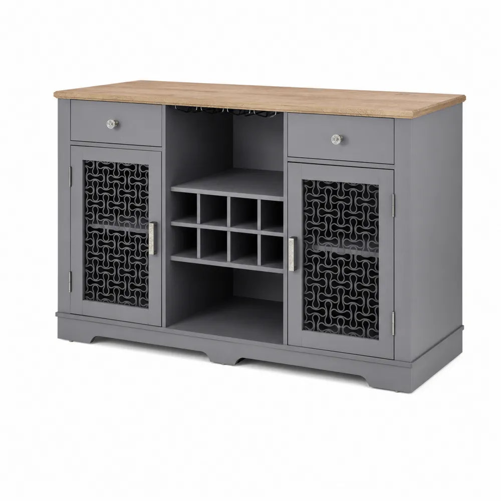 Buffet de bar en bois de chêne et métal gris avec porte-bouteilles 120x40x85 cm