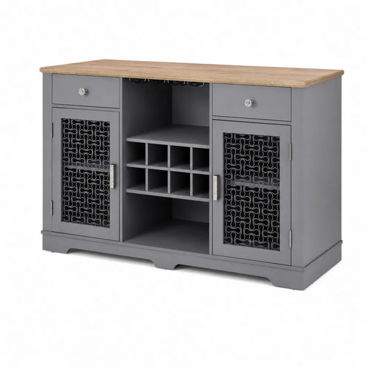 Buffet de bar en bois de chêne et métal gris avec porte-bouteilles 120x40x85 cm