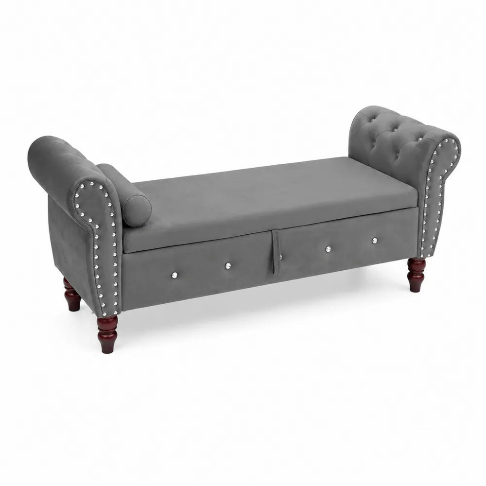 Banc en Velours Gris avec Pieds en Bois