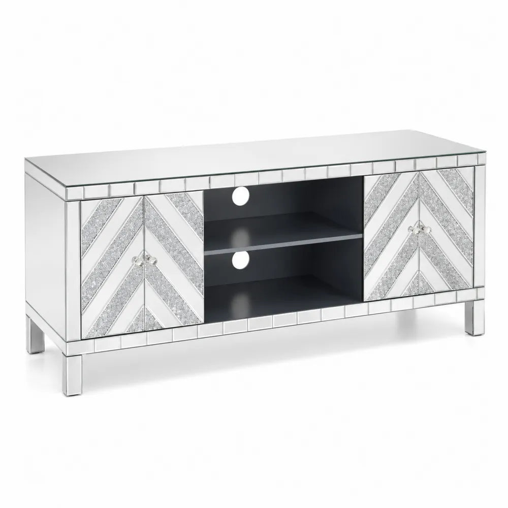 Meuble TV en verre miroir avec portes en chevrons 120 cm