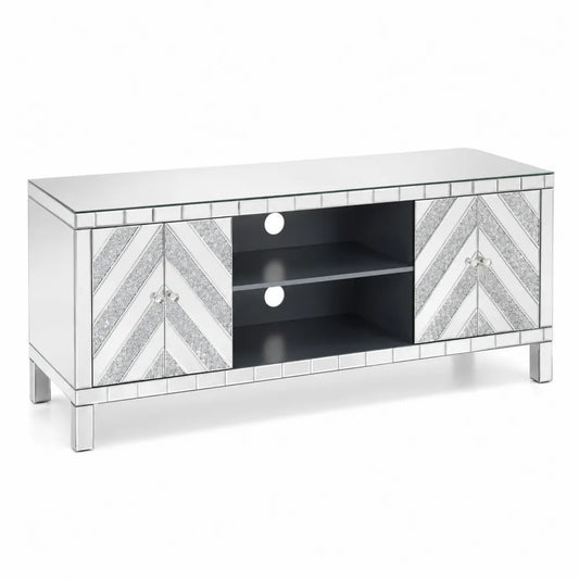 Meuble TV en verre miroir avec portes en chevrons 120 cm